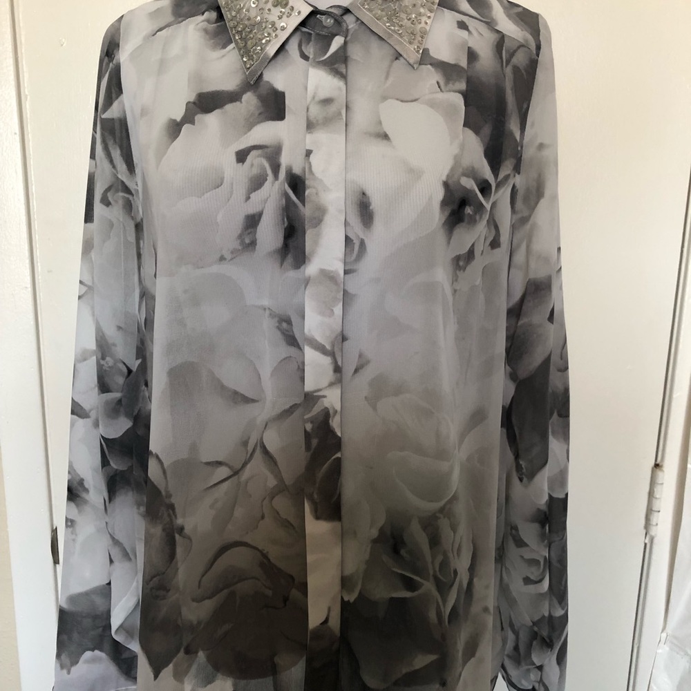 Multi Grey Decorative Collar Long Sleeve Blouse